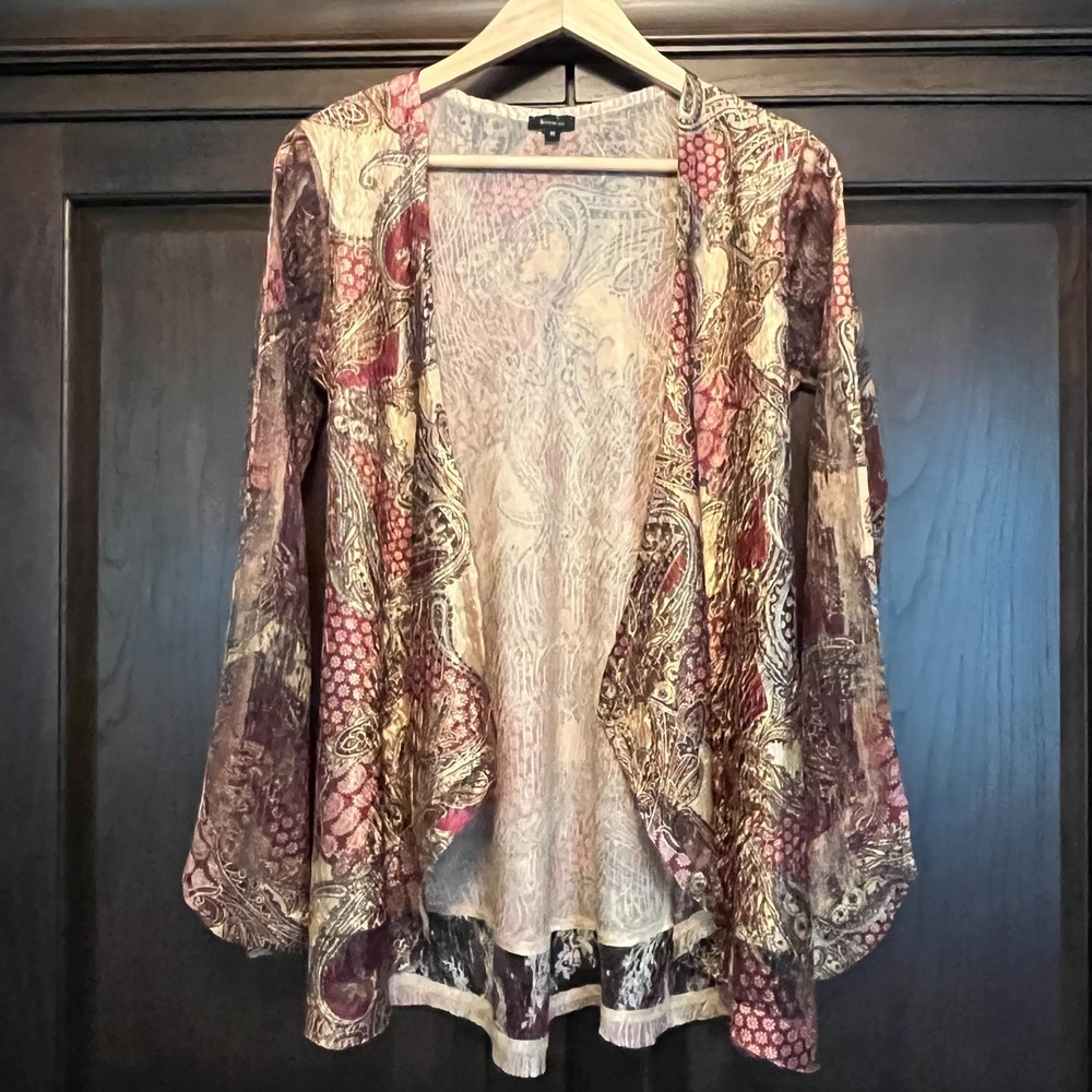 Komarov Open Front Crinkle Cardigan Style Blouse Size M Dark Romance Indie Avant
